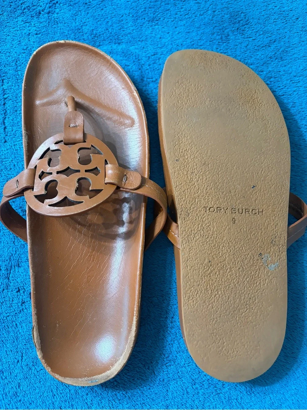 Tory Burch Cognac Leather Logo Thong Sandals